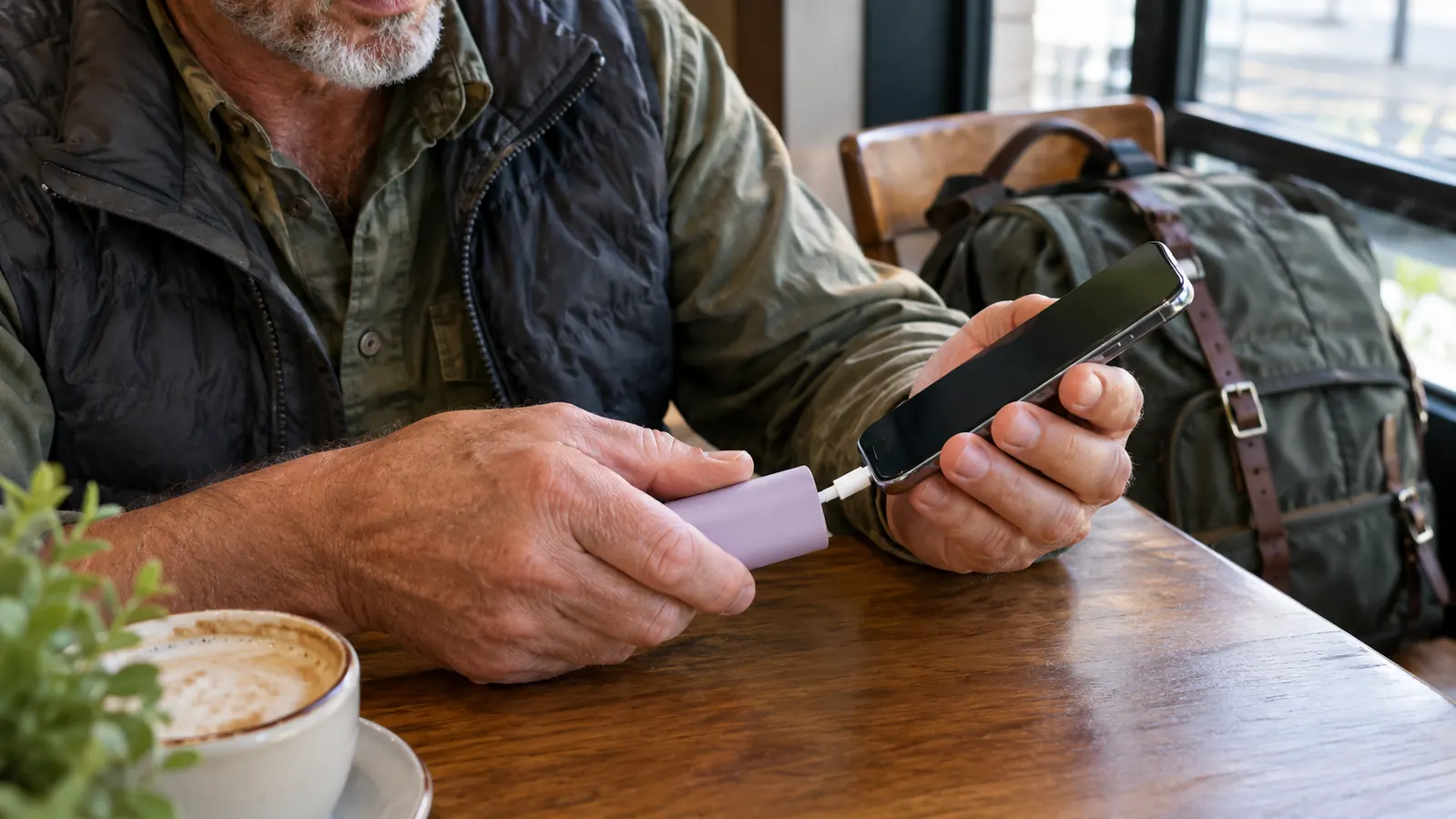 A hand plugging a portable charger into a phone at a cafe table with a travel bag nearby.