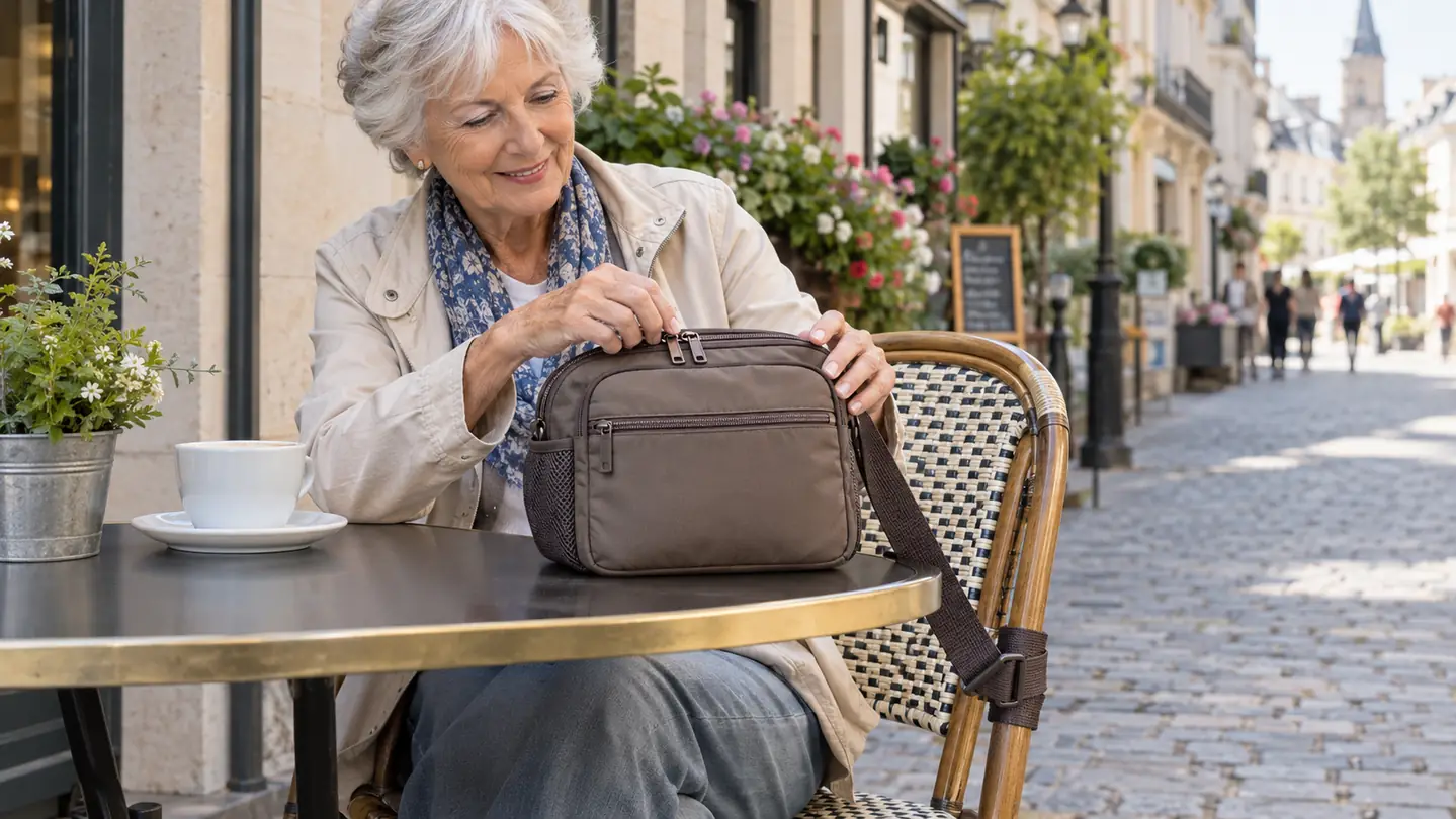 An older woman seated at a café table with the messenger bag on the chair beside her, her hand on the top clasp.