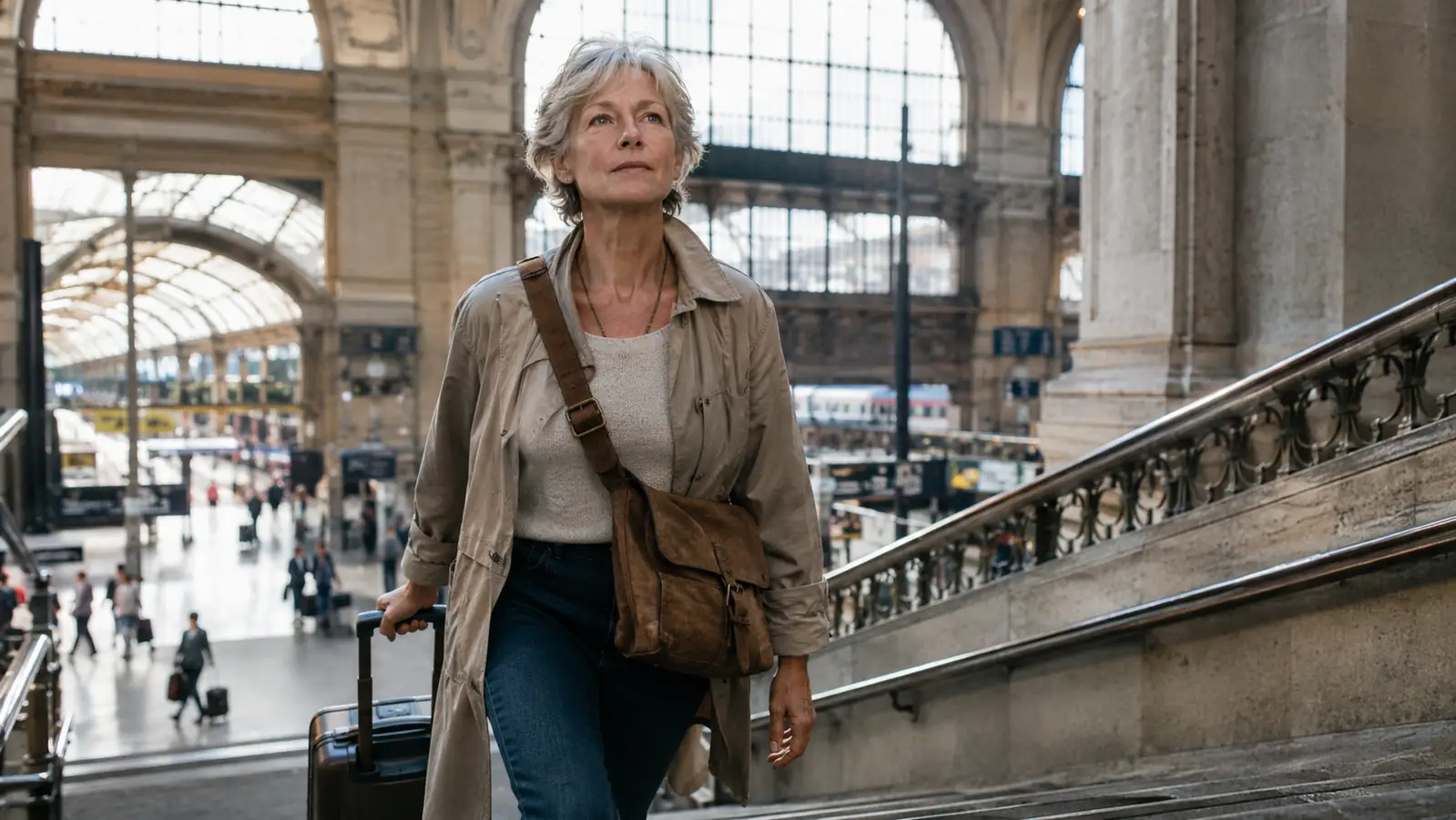 An older woman walks up stairs in a train station, both hands free, the messenger bag across her chest.