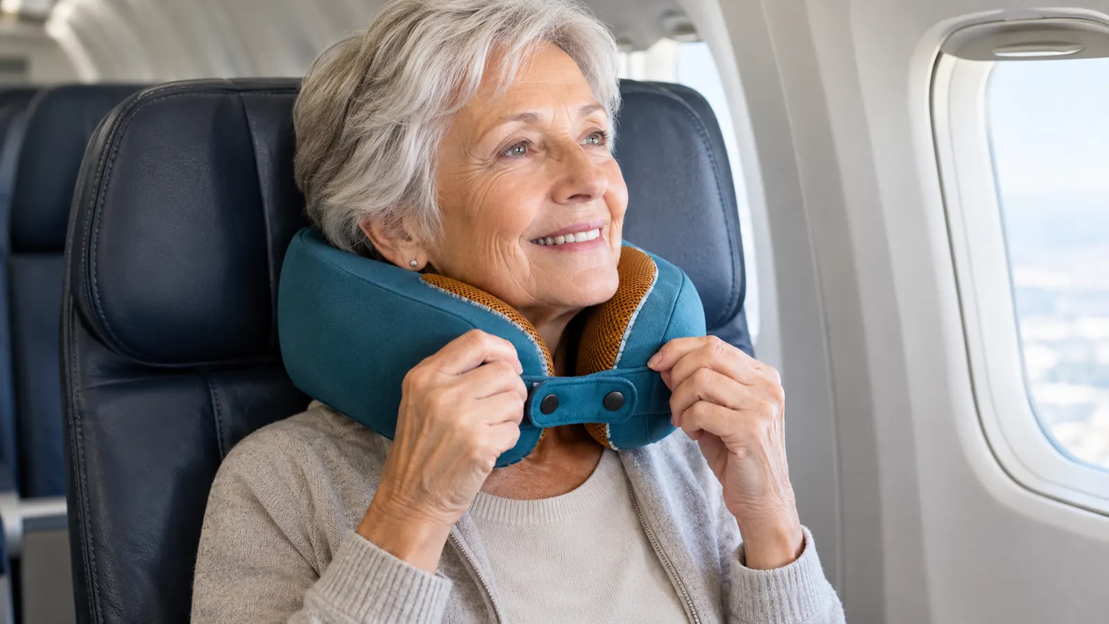 An older woman adjusting a chin support travel pillow in her airplane seat during a flight