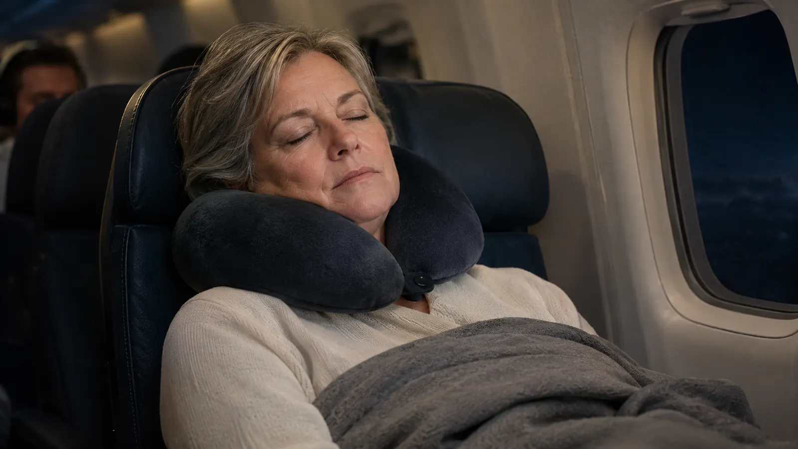 An older woman sleeping upright in an airplane seat with a chin support travel pillow, a blanket over her lap, cabin lights dimmed
