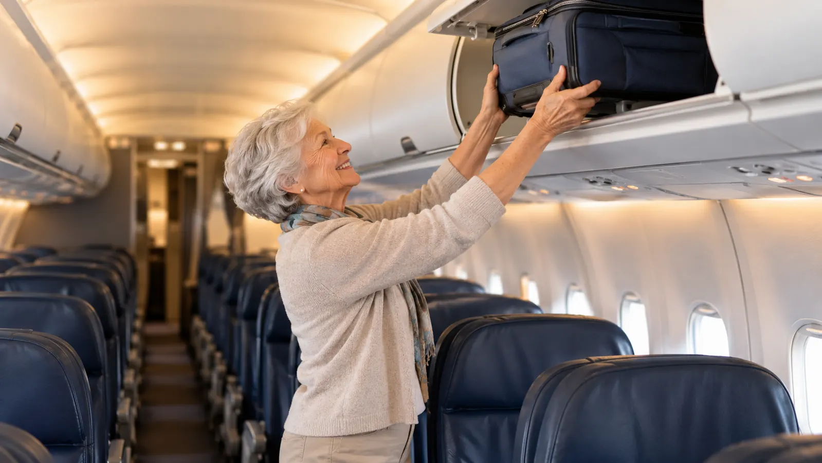 An older woman lifting a small carry-on suitcase into an overhead bin with both hands