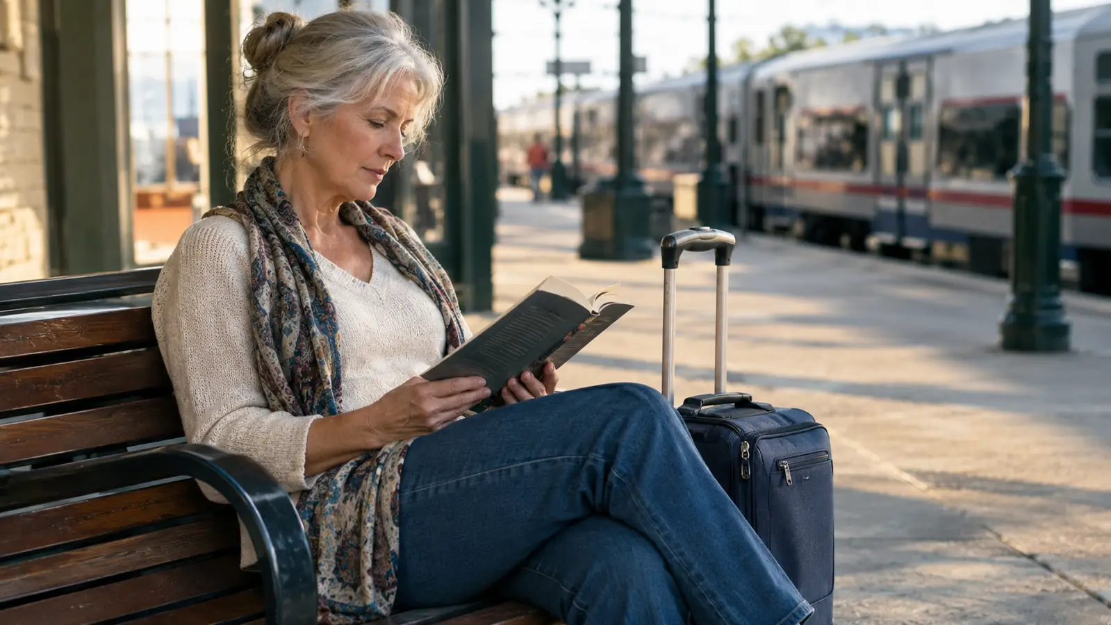 An older woman sitting beside a small carry-on suitcase at a train station bench, reading a book
