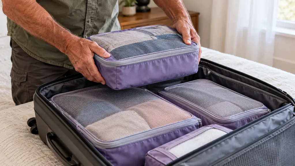 An older woman's hands placing a fabric packing cube into an open carry-on suitcase on a bed