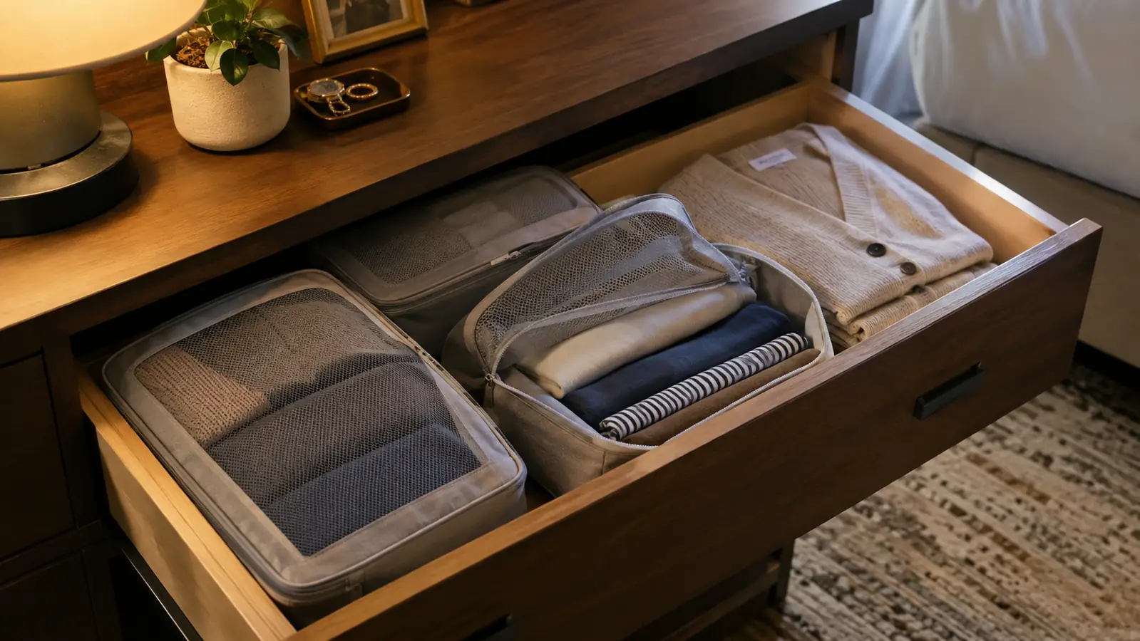 A hotel dresser drawer organized with fabric packing cubes, one open to show folded clothes