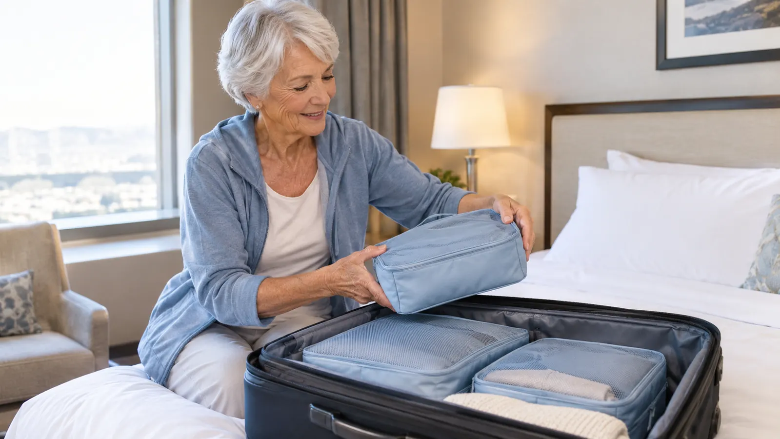 An older woman lifts a small fabric packing cube out of an open suitcase on a hotel bed