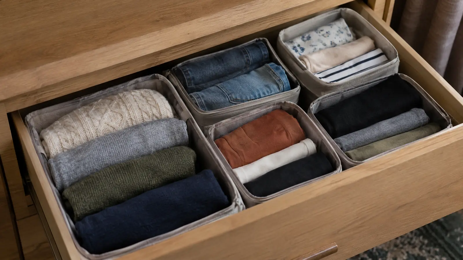 A neatly arranged open hotel drawer with folded clothes separated into small fabric packing cubes