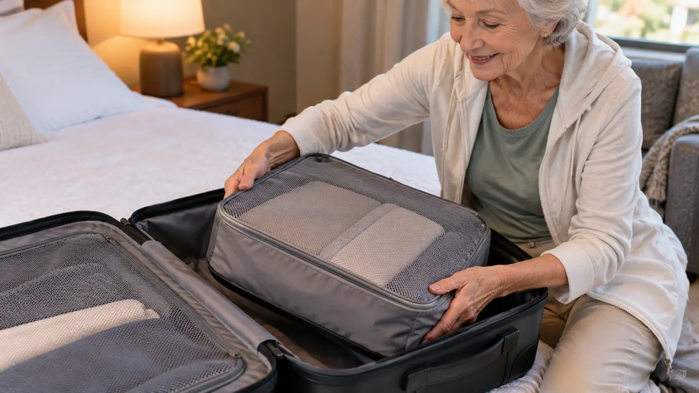 An older woman's hands lifting a packing cube out of a suitcase on a bed