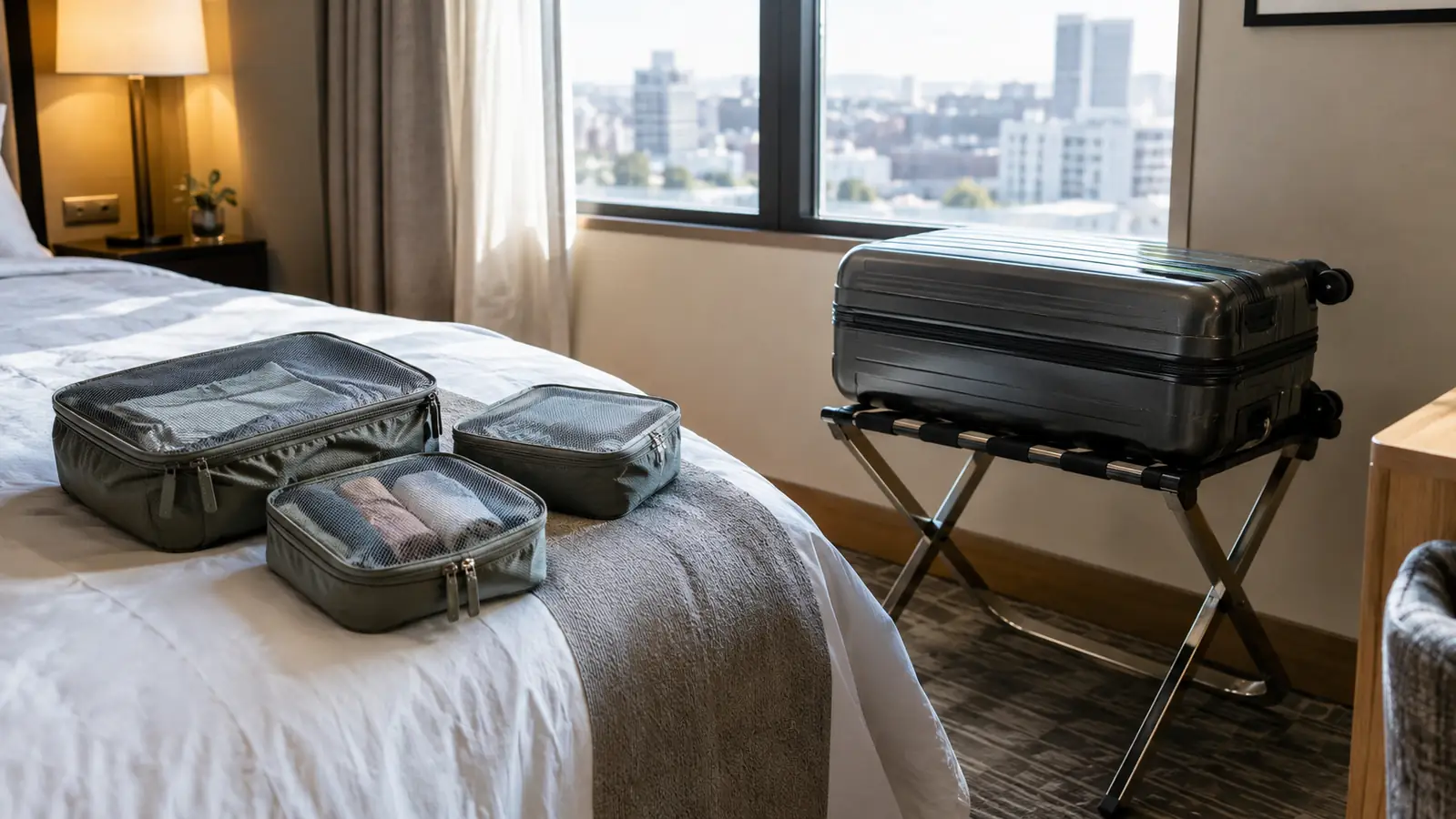 A suitcase on a luggage rack with a few packing cubes set beside it in a tidy hotel room