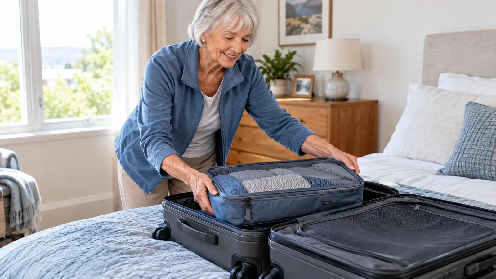 An older woman's hands placing a packing cube into an open carry-on suitcase on a bed