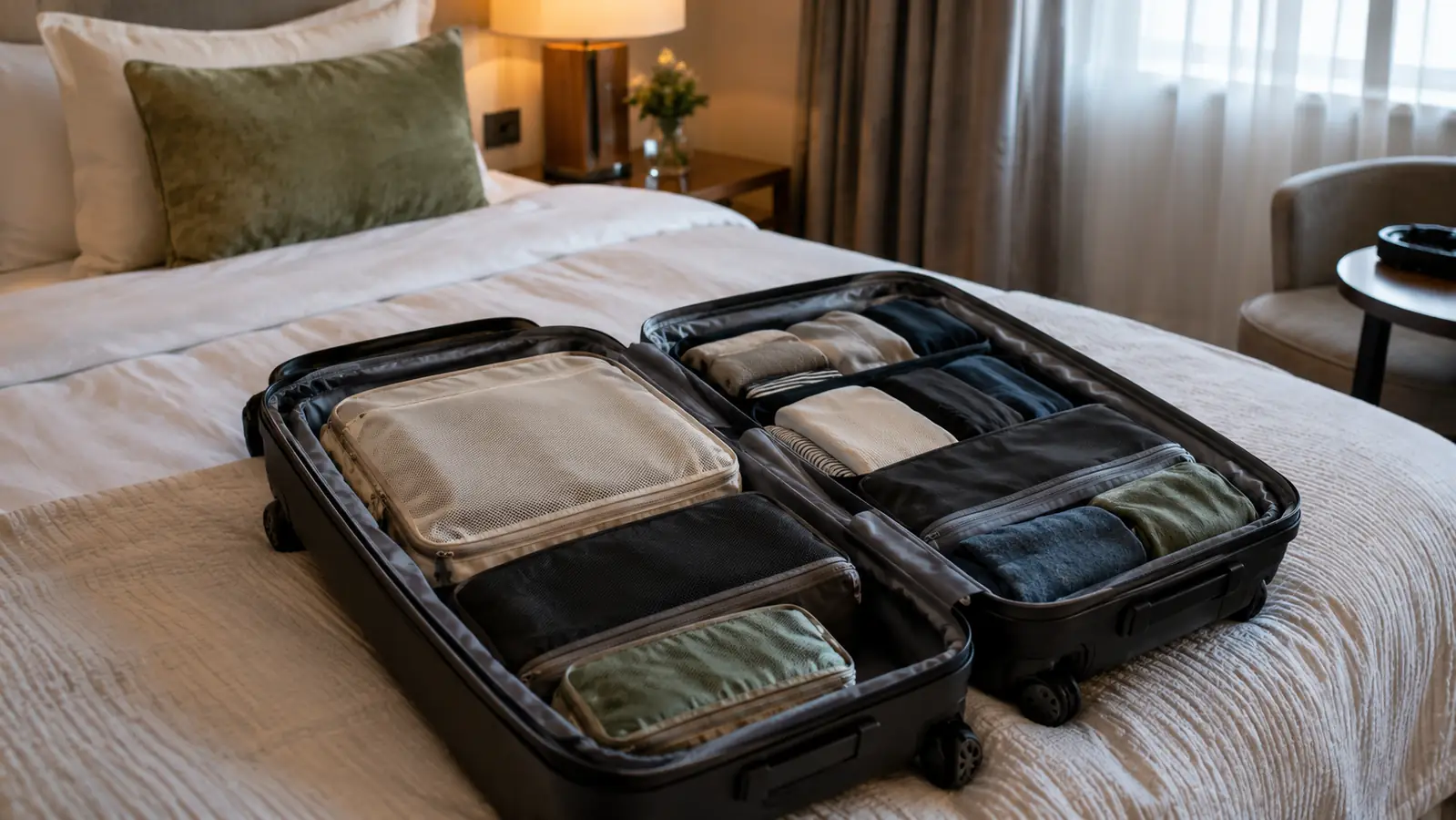A suitcase on a hotel bed with neat packing cubes sorted by category