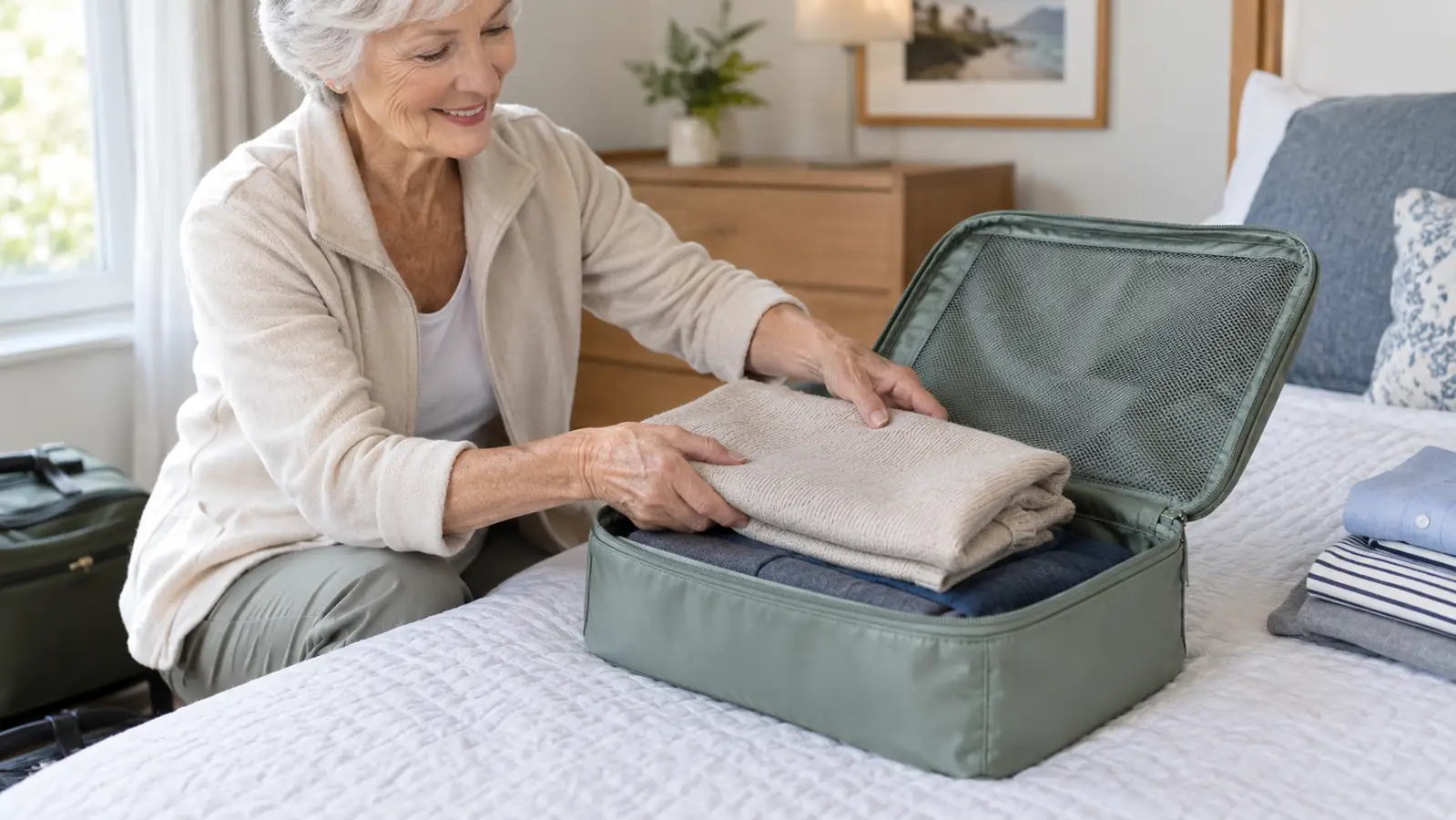 Close view of an older woman's hands tucking a folded sweater into an open packing cube on a bed