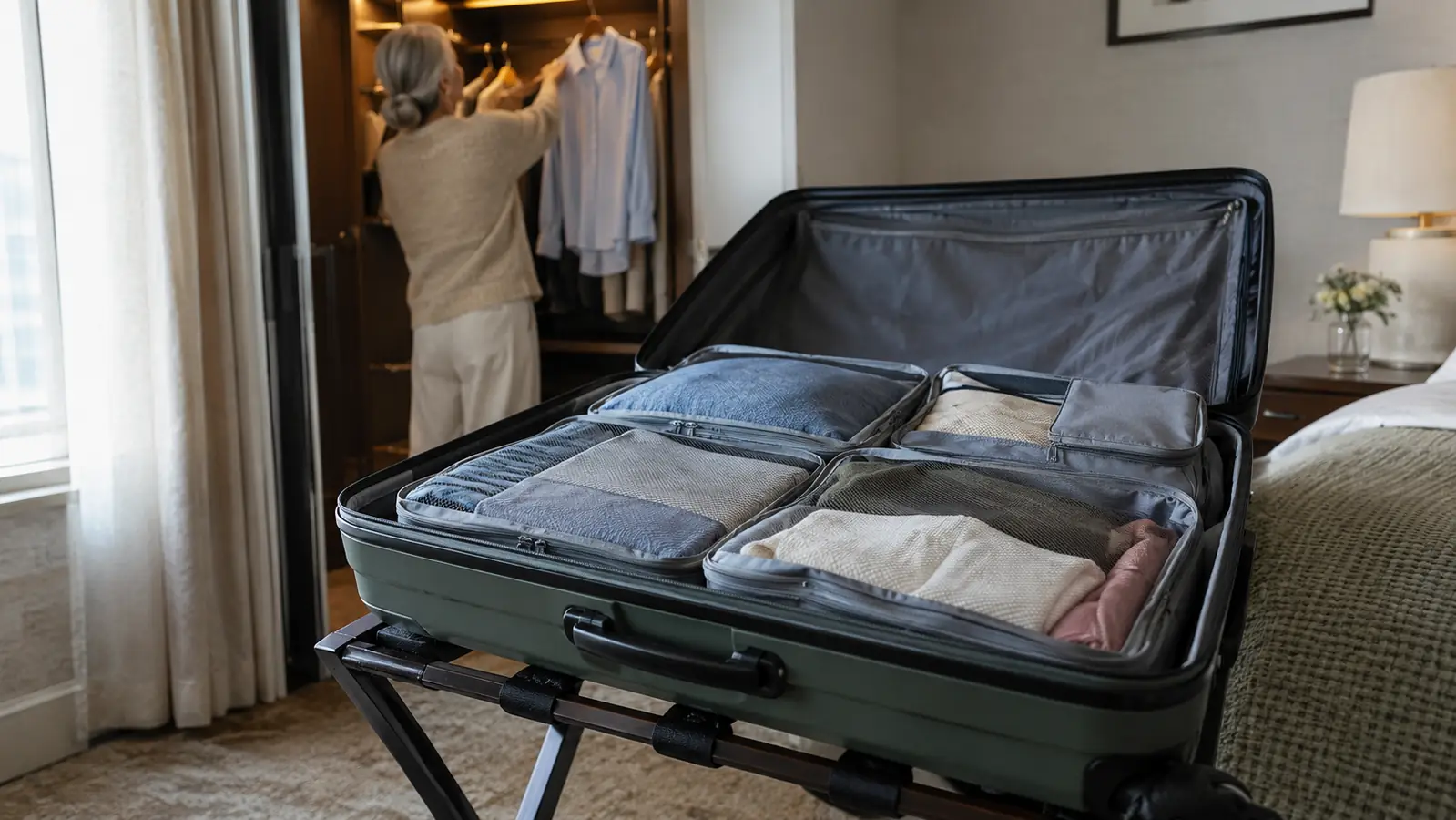 Open suitcase on a hotel luggage stand with clothes sorted into separate packing cubes