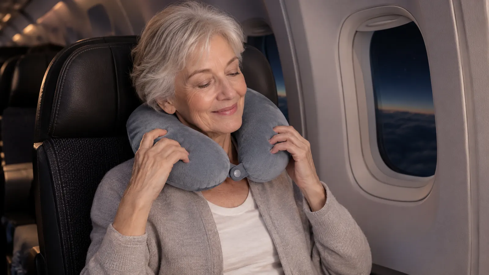 An older woman adjusting a travel neck pillow around her neck in an airplane seat.
