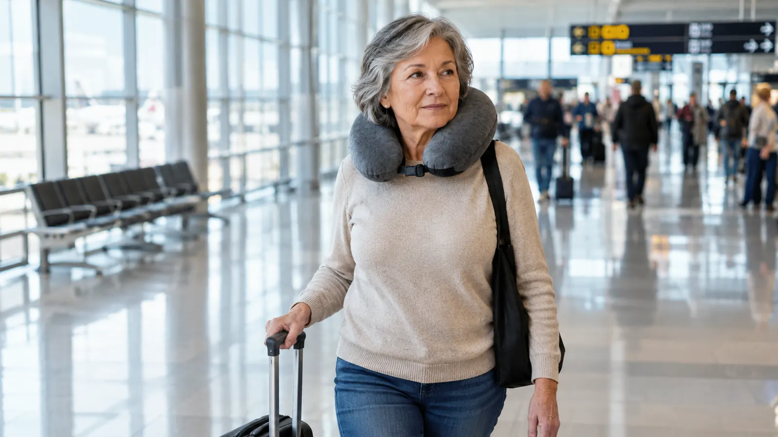 An older woman walking through an airport terminal wearing a travel neck pillow and pulling a small carry-on suitcase.