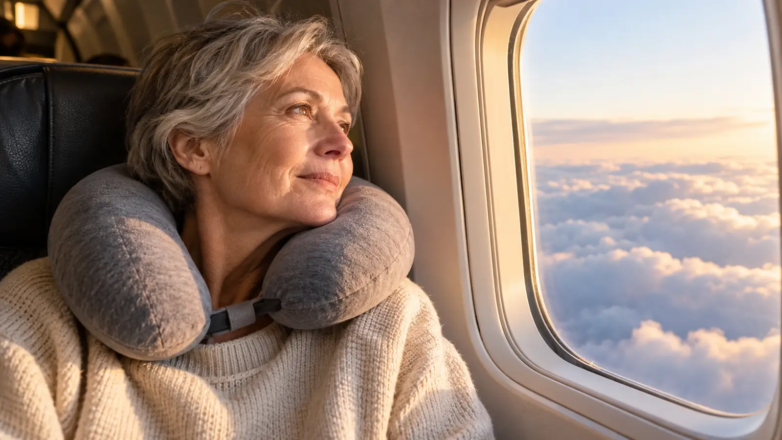 An older woman in a window seat with a travel pillow under her chin, looking out at clouds through the window