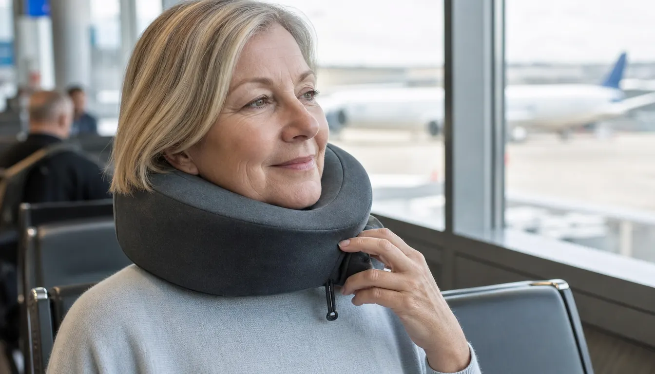 A traveler's hands adjusting a chin-support travel pillow around her neck in an airport seat