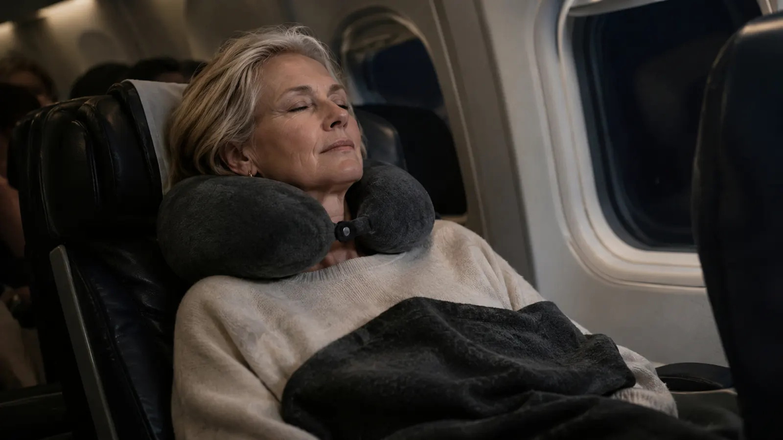 An older woman sleeping upright in a reclined airplane seat with her head supported by a travel pillow