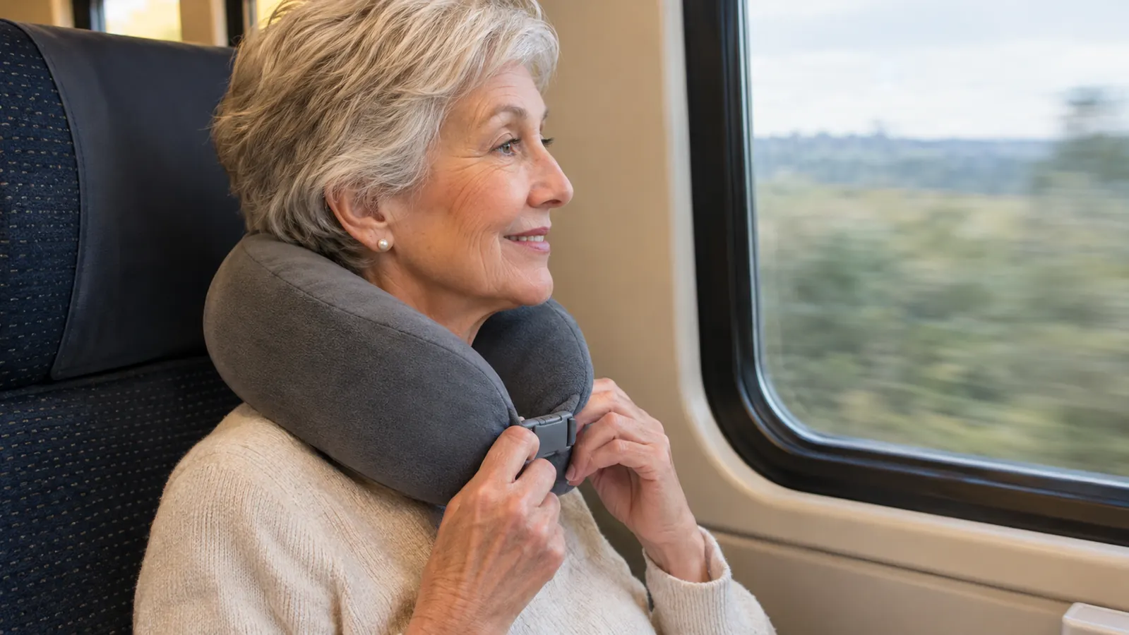 An older woman adjusting a chin-support travel pillow around her neck in a train seat