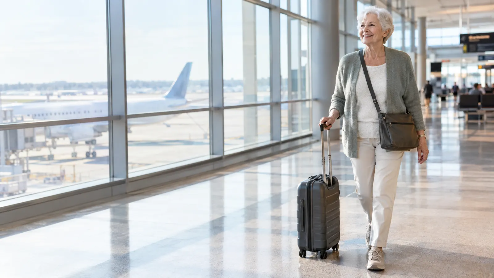 An older woman with silver hair rolling a lightweight carry-on spinner through a bright airport terminal