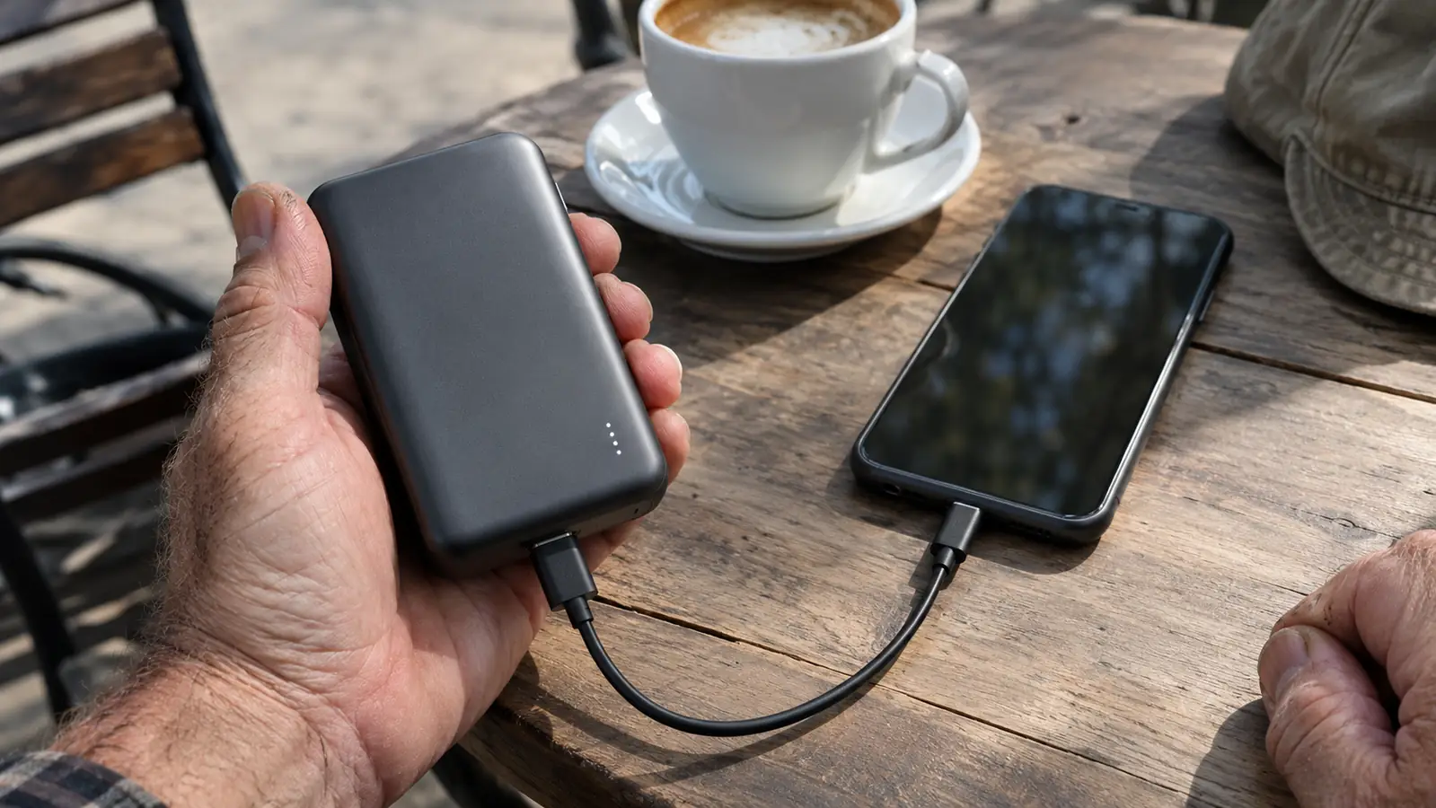 Close view of a hand holding a small portable charger and a cable plugged into a phone resting on a cafe table