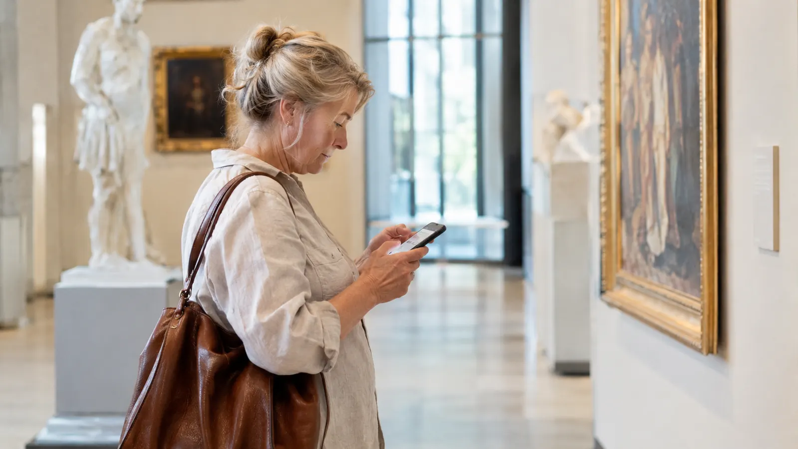 An older woman reading a museum guide on her phone while standing in a bright gallery, her shoulder bag visible in the foreground