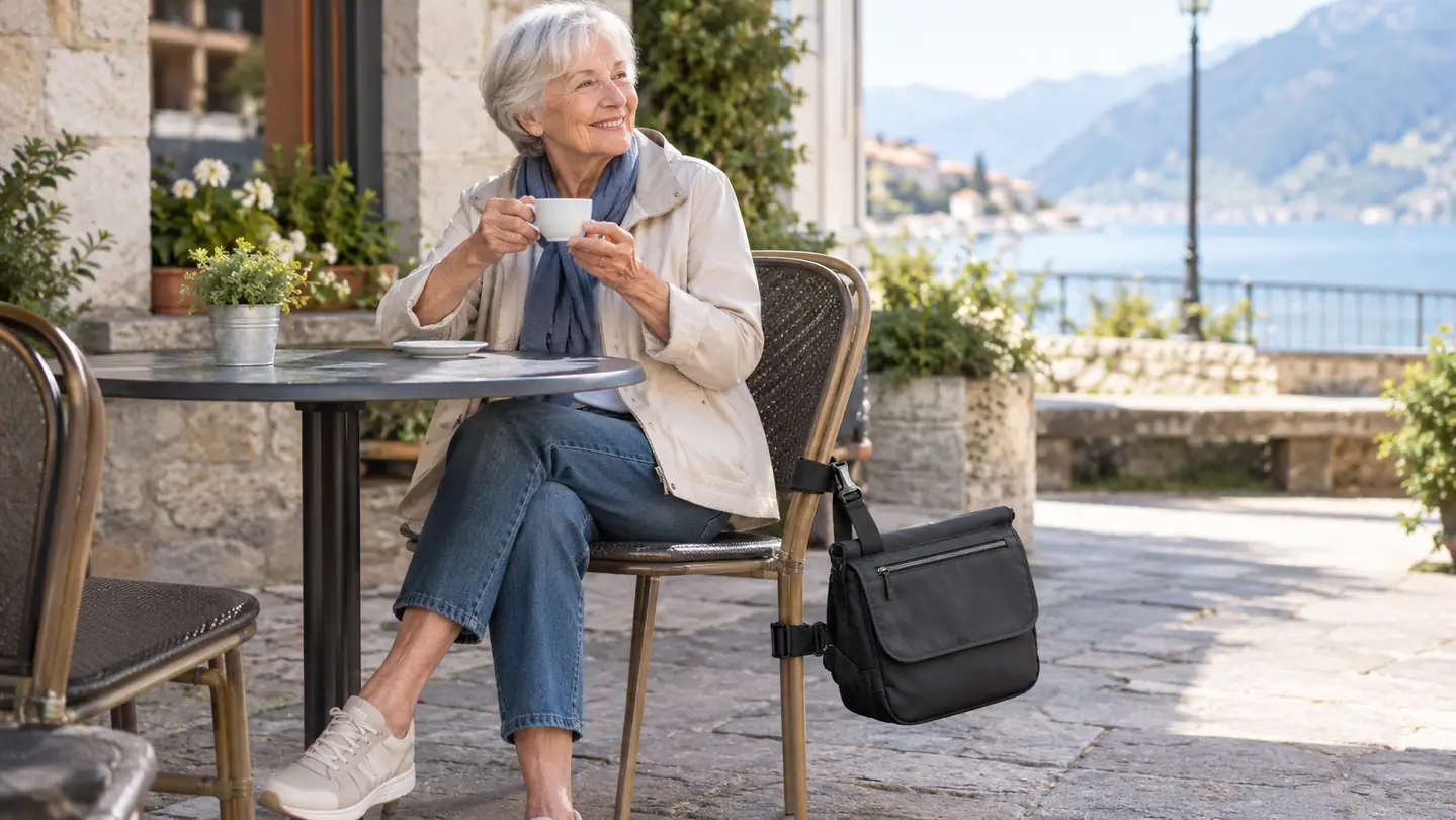 An older woman at an outdoor cafe with her messenger bag clipped around the leg of her chair.