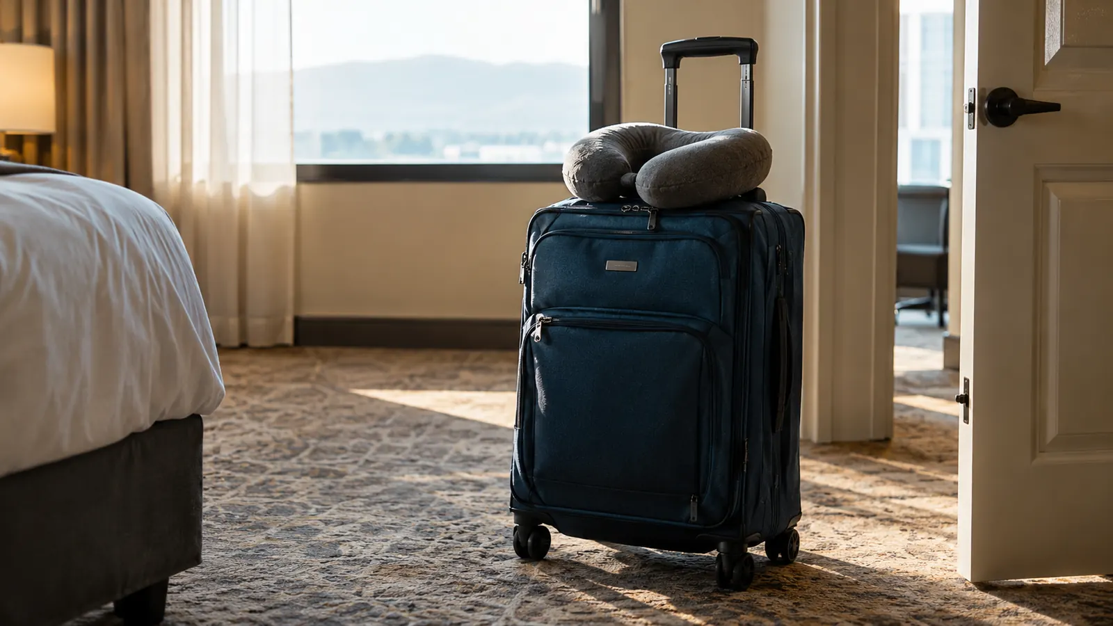 A softside carry-on spinner standing upright next to a hotel room door, ready to roll