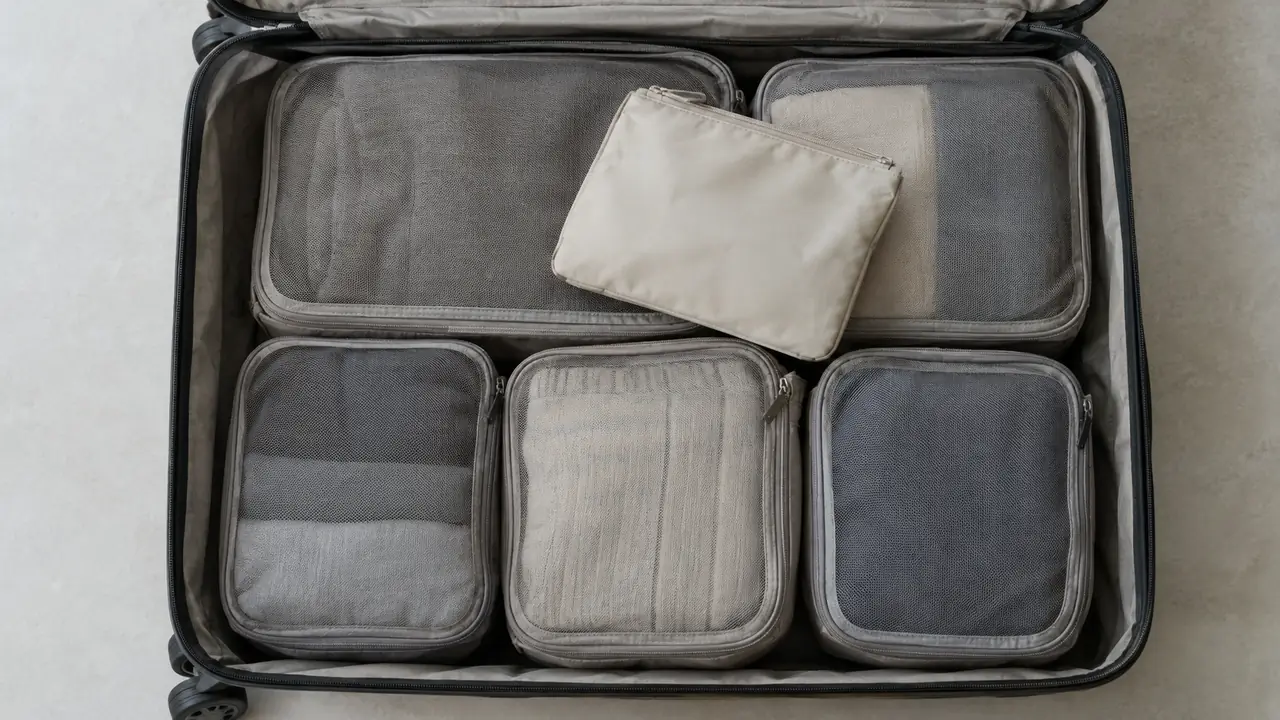 A neat suitcase interior with five zippered packing cubes arranged in rows and one small flat pouch on top