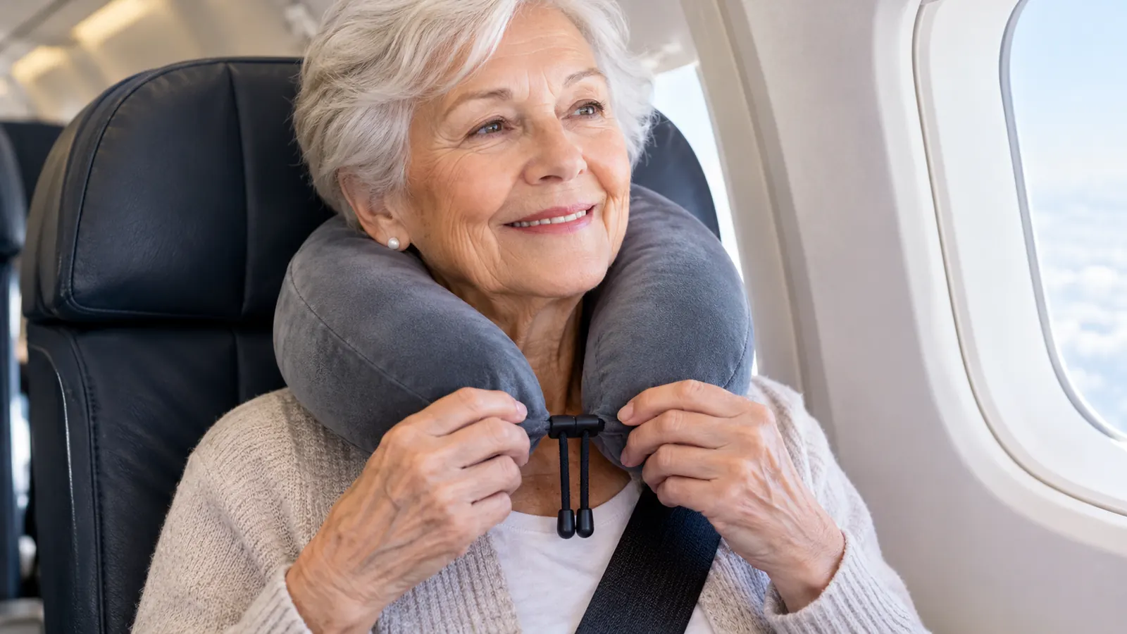 An older woman adjusting a travel neck pillow in her airplane seat.