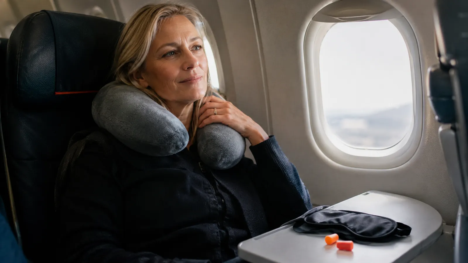 An older woman settling into her airplane seat with a travel pillow and a small sleep kit nearby.