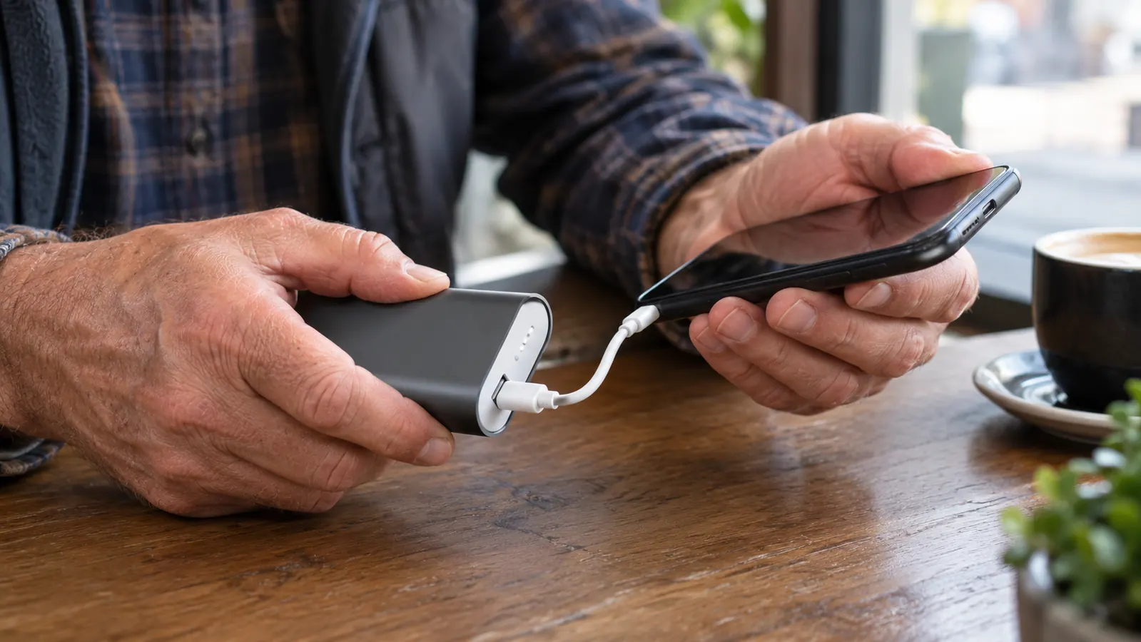 An older woman's hands plugging a small portable charger into a phone at a cafe table.