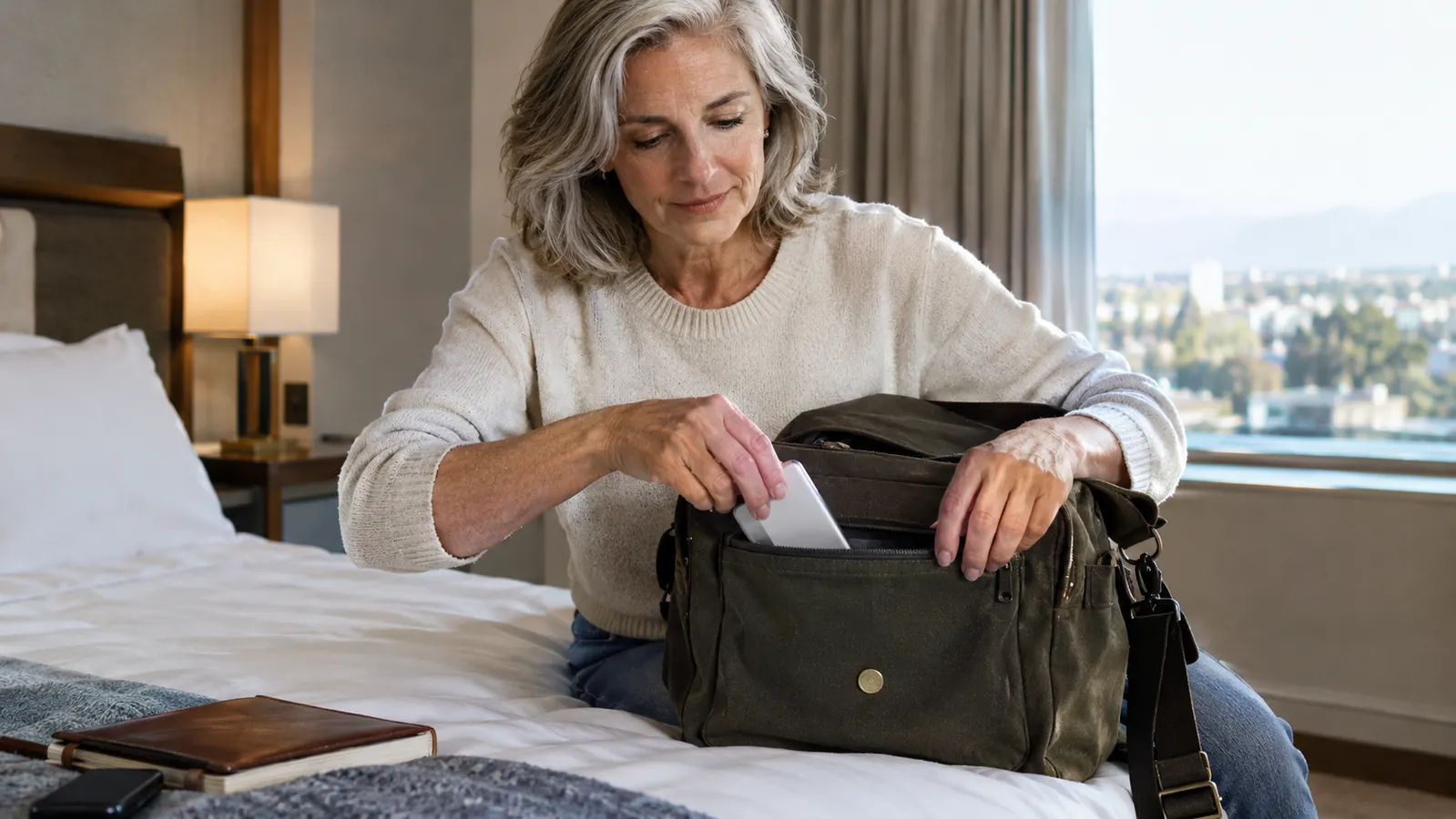 An older woman placing a small portable charger into the front pocket of a messenger bag on a hotel bed.