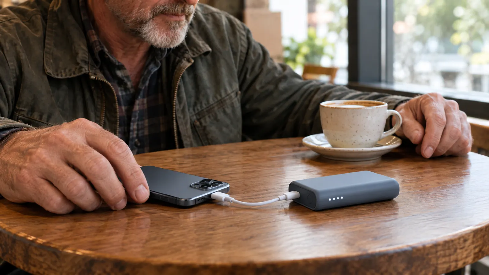 A small portable charger on a café table beside a phone plugged into it with a short cable