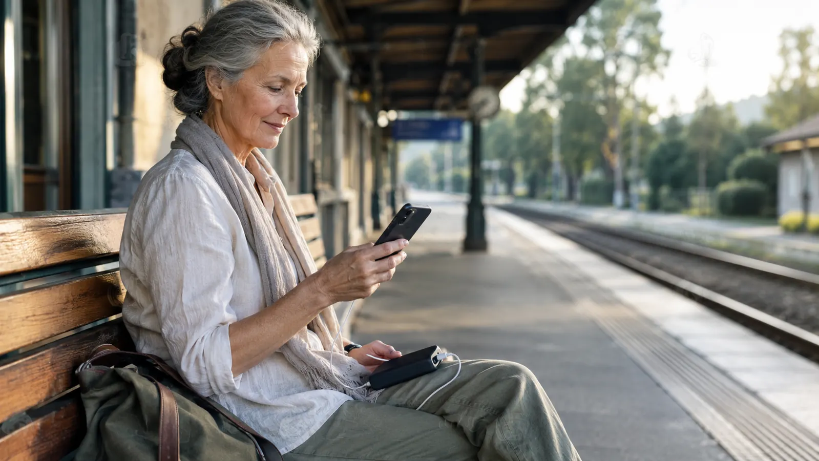 An older woman checking her phone with a portable charger in her lap at a train station