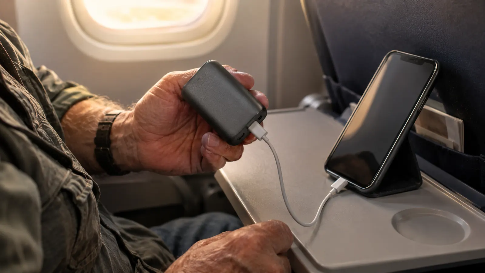 Close view of an older woman's hands holding a small portable charger while her phone charges on an airplane tray table