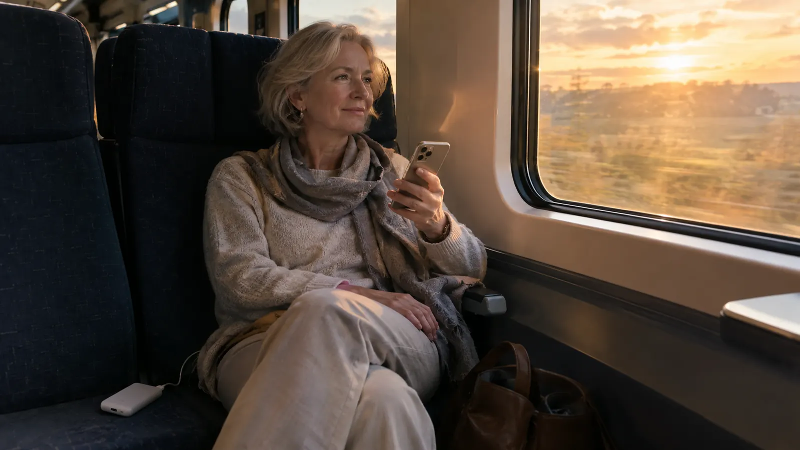 An older woman seated by a train window with her phone in her hand and a small portable charger on the seat beside her