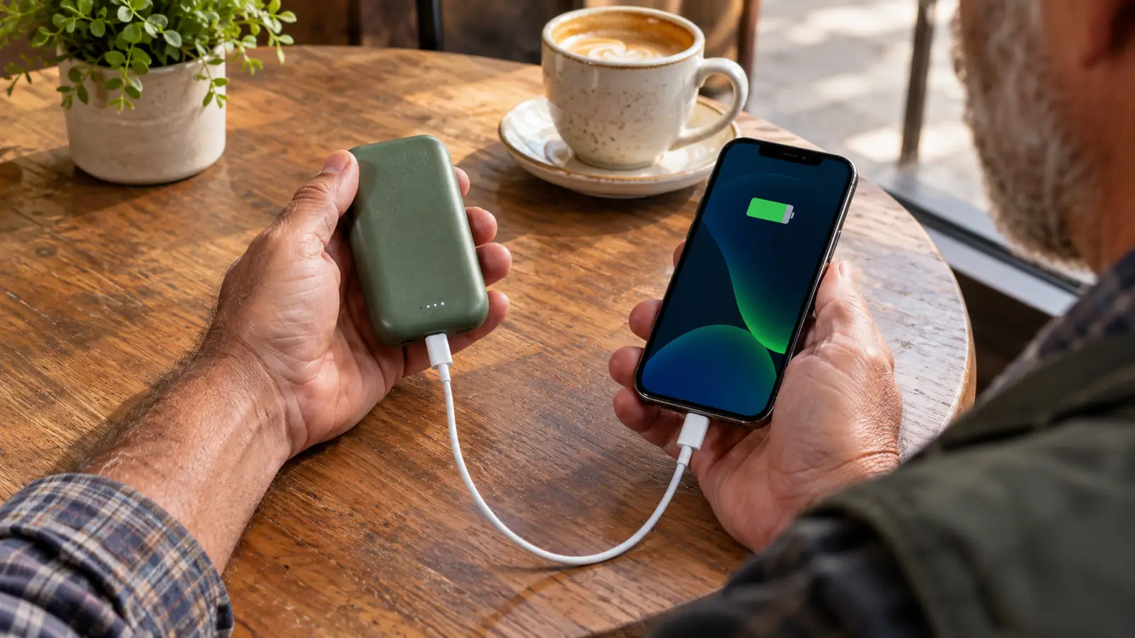 A hand holding a small power bank beside a phone on a café table, charging cable connected