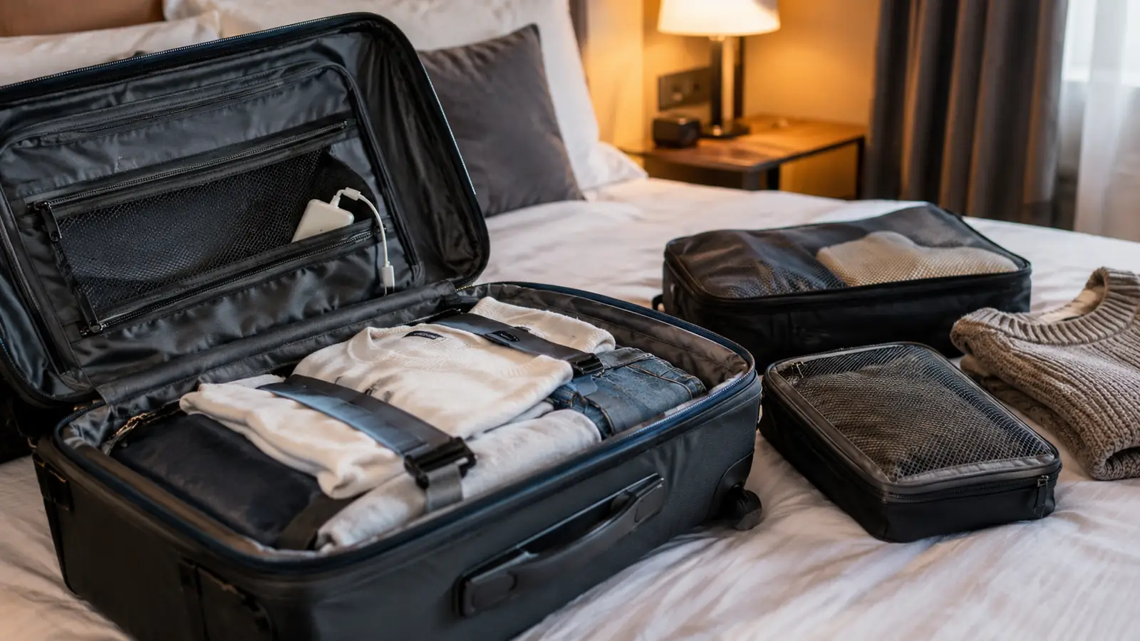 An open carry-on suitcase on a hotel bed with a small power bank tucked into a zippered pocket beside packing cubes