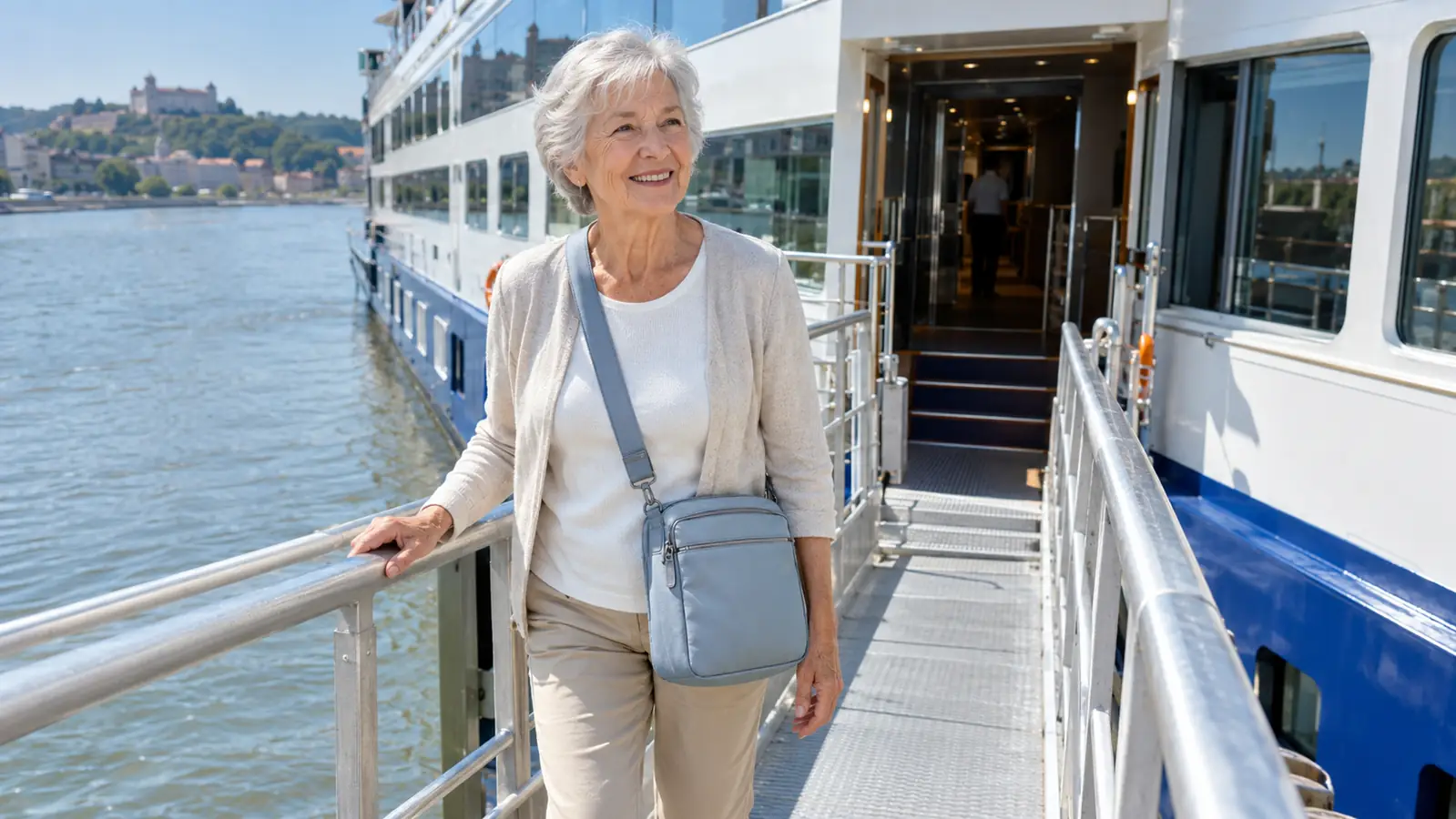 An older woman wearing a crossbody anti-theft bag while boarding a river cruise ship, one hand on the bag strap
