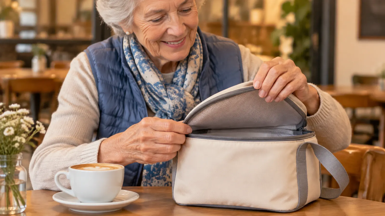 An older woman's hands opening the main flap of a messenger bag on a café table, with a coffee cup nearby