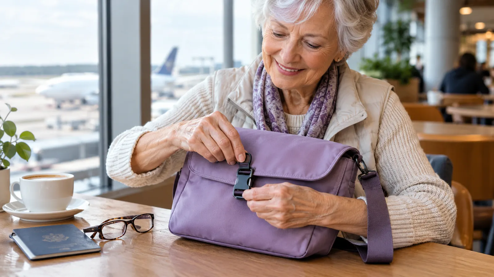 Close-up of an older woman's hands unclipping the locking buckle on a crossbody messenger bag at a cafe table