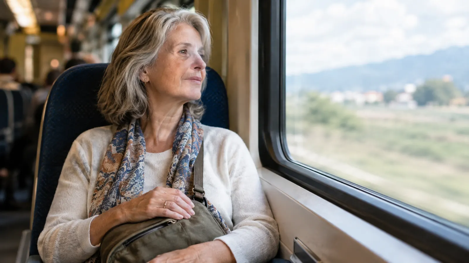 Older woman seated on a train with a crossbody messenger bag on her lap