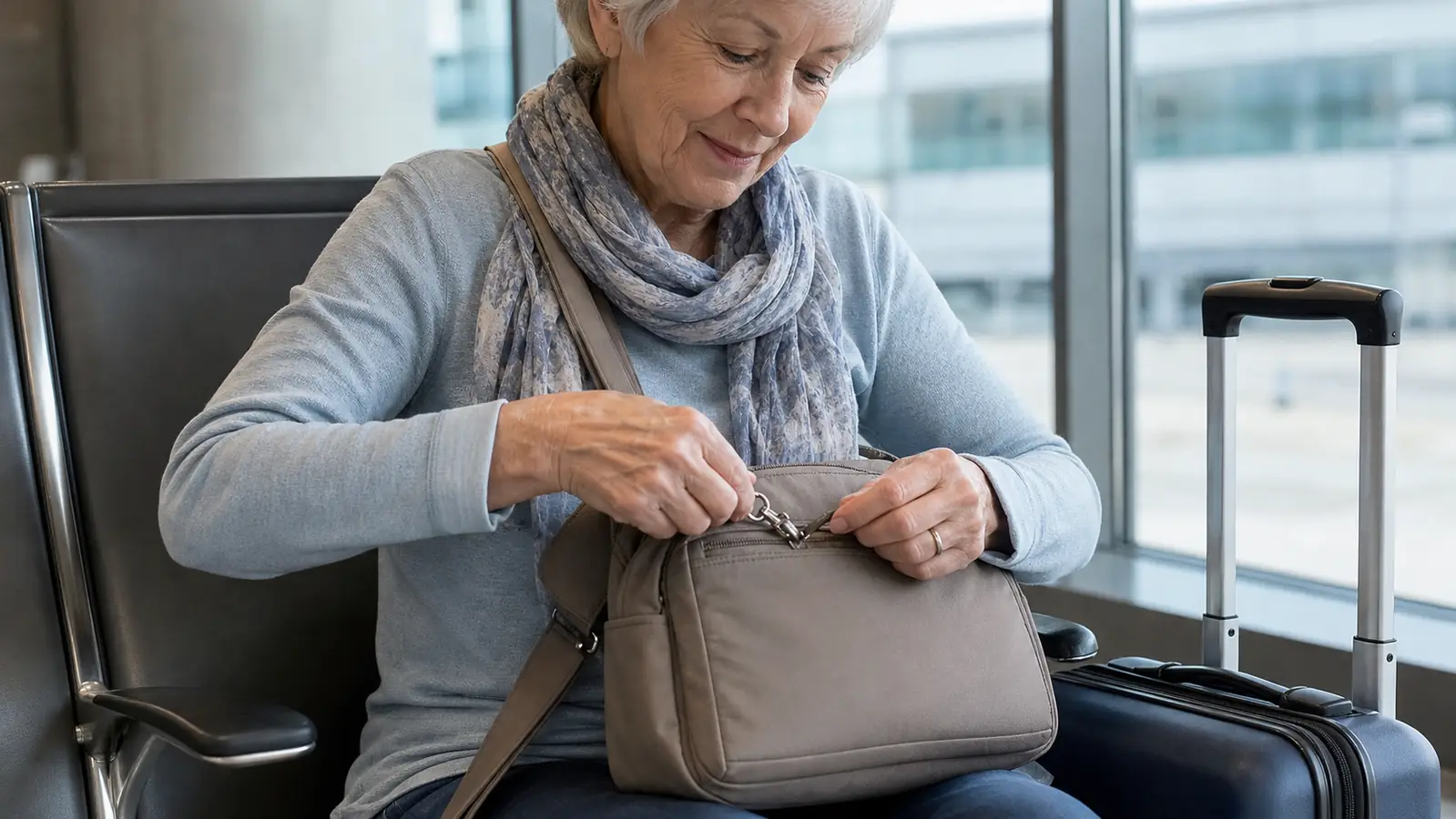A woman's hands open a small lock on the zipper of a crossbody messenger bag while she waits in an airport seating area