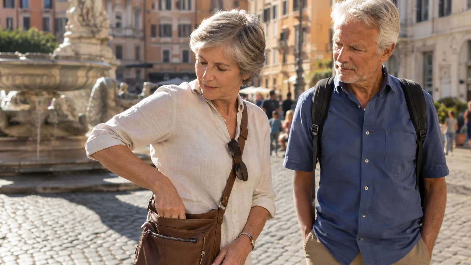An older woman in a sunny city square reaches into the back pocket of her crossbody bag while a companion waits beside her
