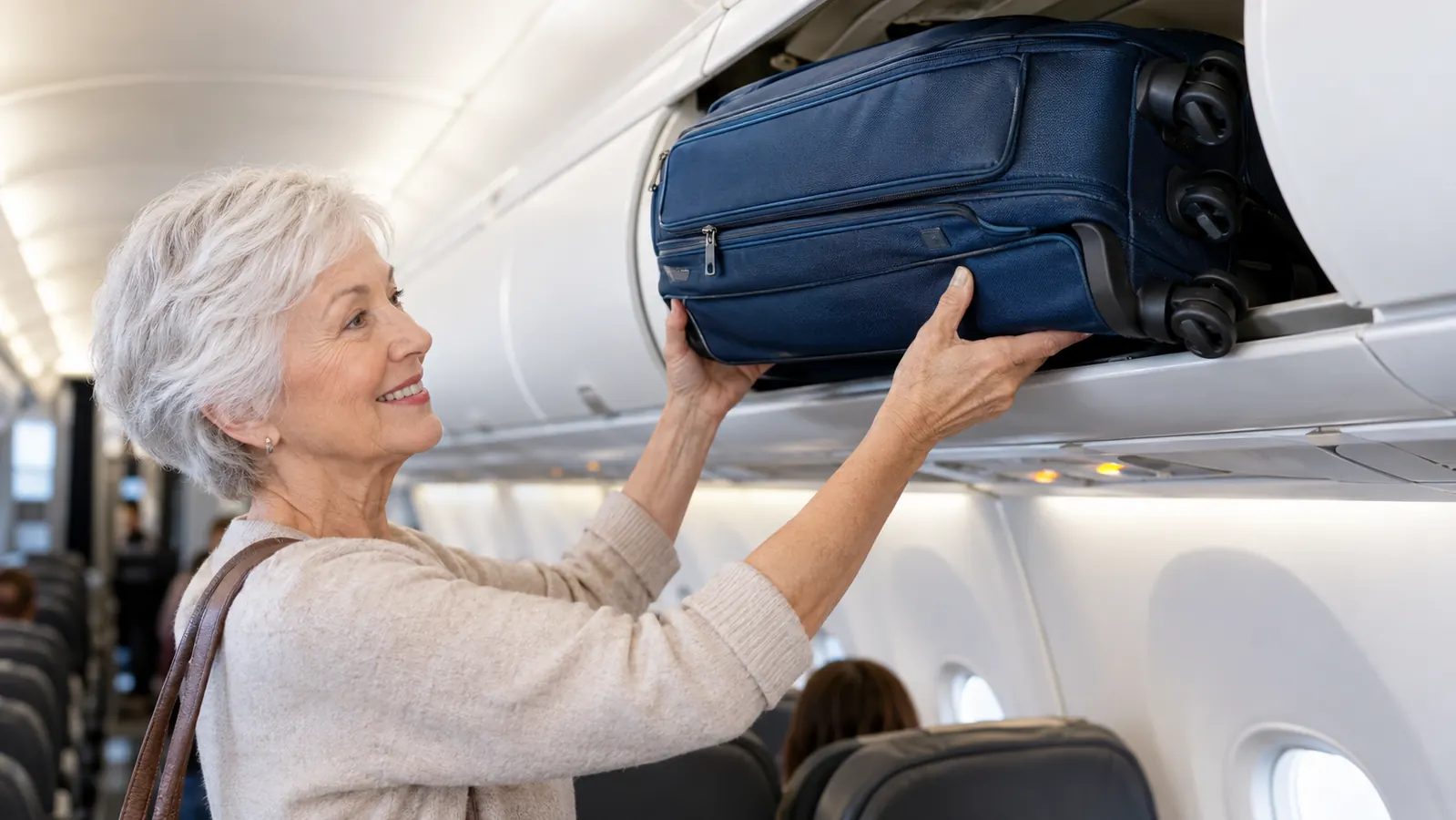 An older woman lifting a carry-on suitcase into an airplane overhead bin.
