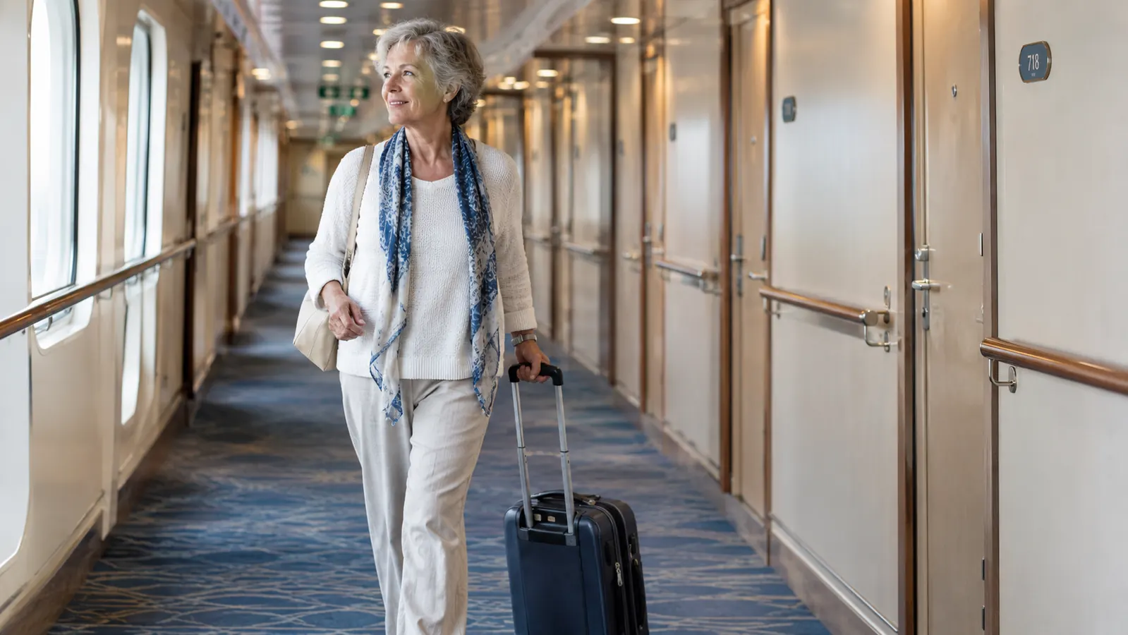 An older woman rolling a carry-on suitcase along a quiet cruise ship corridor.