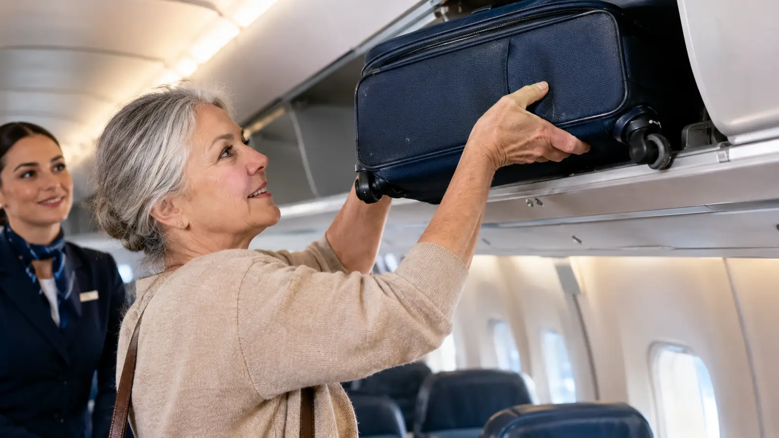 An older woman lifting a softside carry-on spinner into an airplane overhead bin.