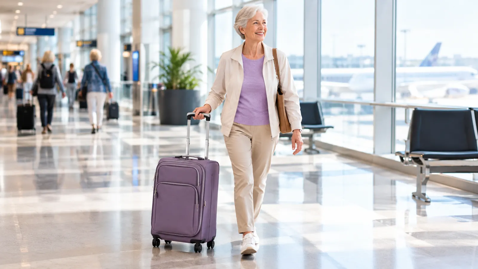 An older woman wheeling a softside carry-on spinner through an airport terminal