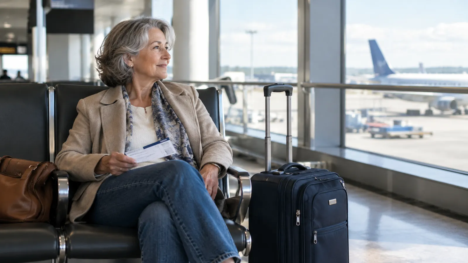 An older woman resting on an airport bench with a softside carry-on spinner standing upright beside her